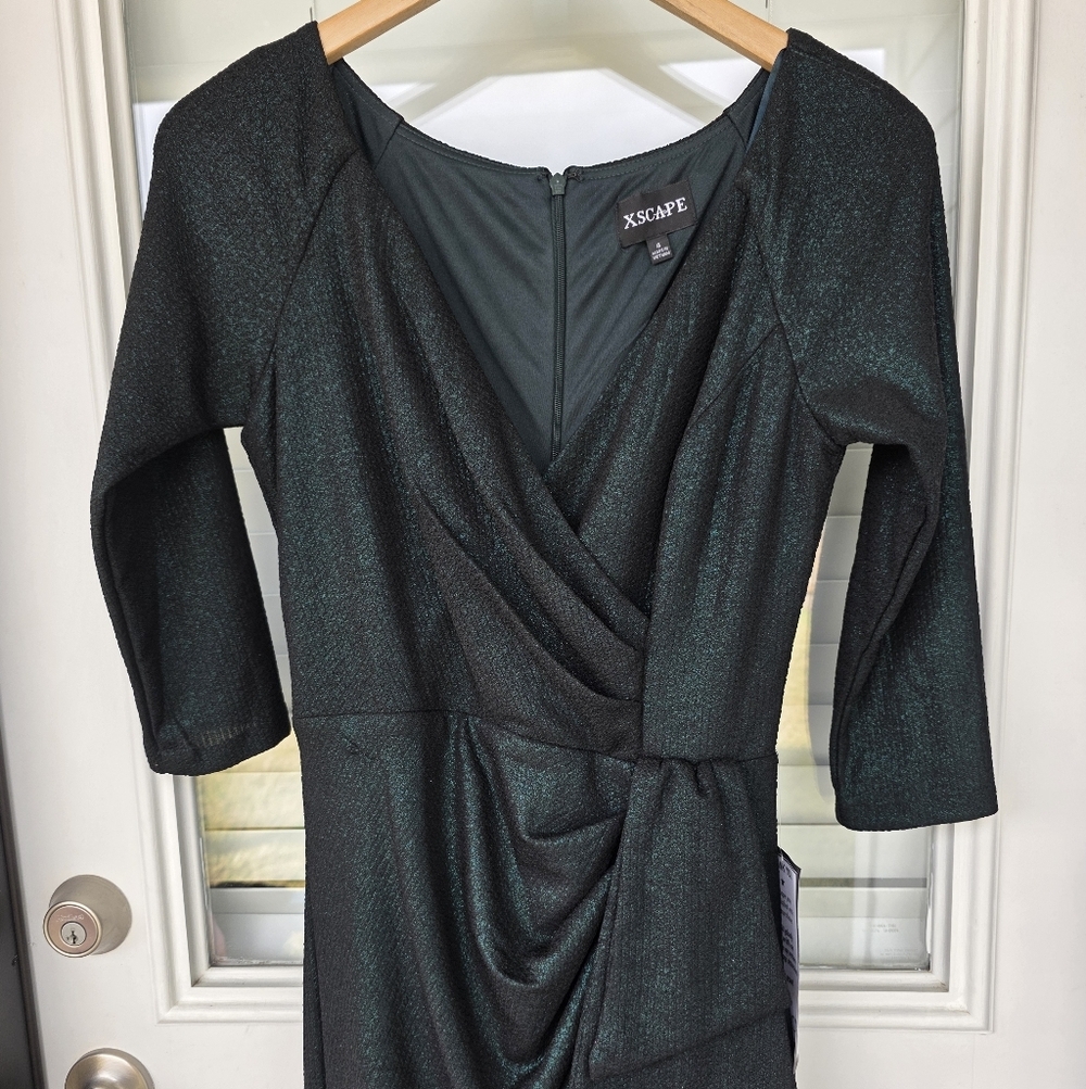 $249 XSCAPE Metallic-Threaded Gathered-Waist Dress Sz 8 Dark Green NWT - Picture 5 of 13